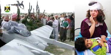 An injured Iraqi mother and her injured child in Basra (right). Iraqis surround a US unmanned surveillance airplane they downed in Basra (Alquds Alarabi, 3/26/03).